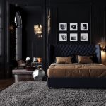 dark bedroom with paintings in the interior