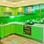 green kitchen with daisies