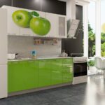 green kitchen with white and apples