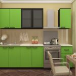 green kitchen with black cabinet