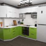 green kitchen with white cabinets