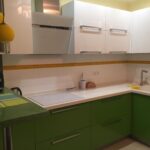 green kitchen with yellow stripe