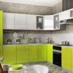 green kitchen with gray and white