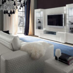 white furniture with blue carpet