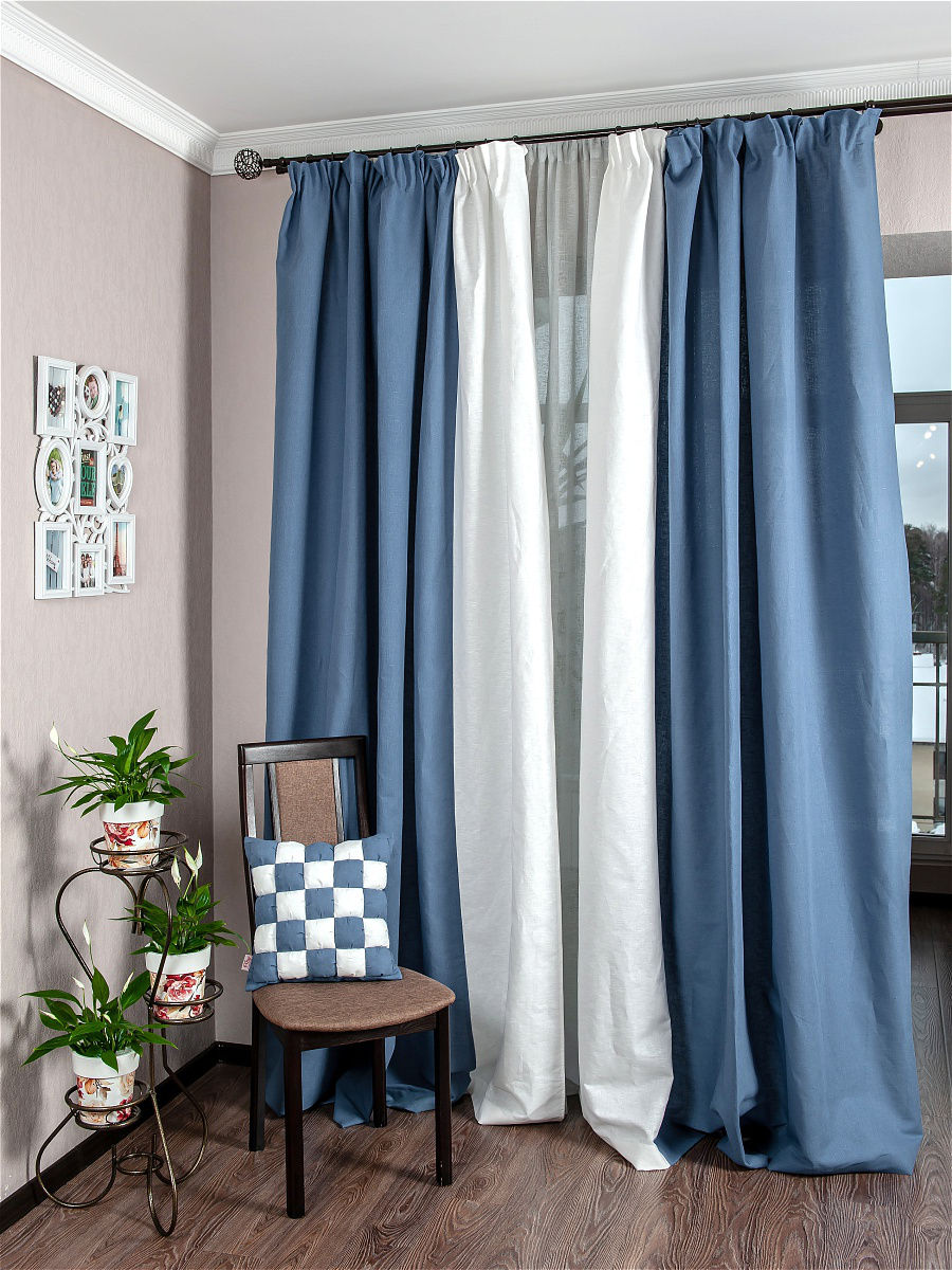 blue and white curtains in interiors