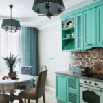 turquoise curtains in the kitchen