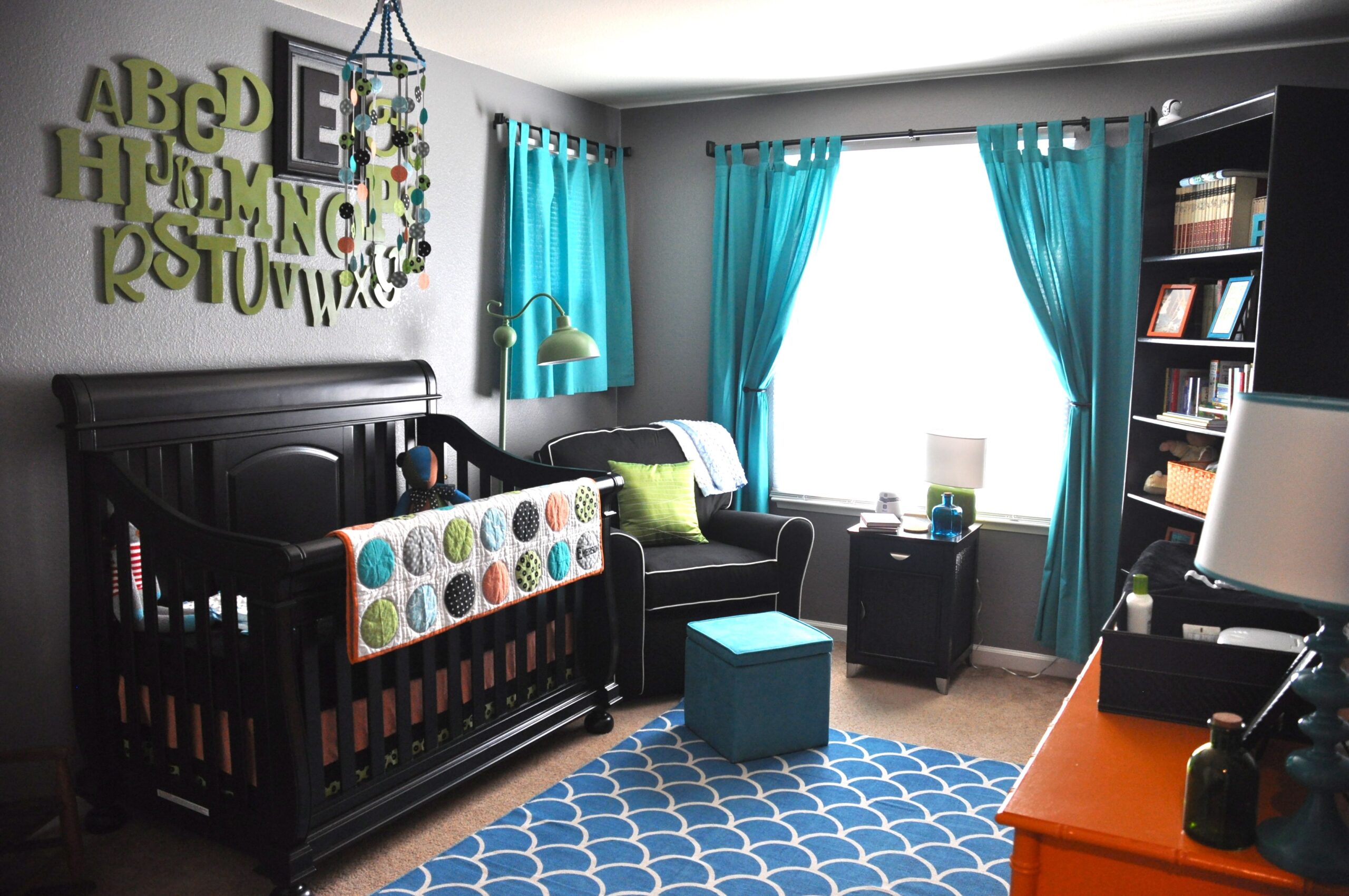 turquoise curtains in the nursery