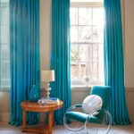 bright turquoise curtains in the living room