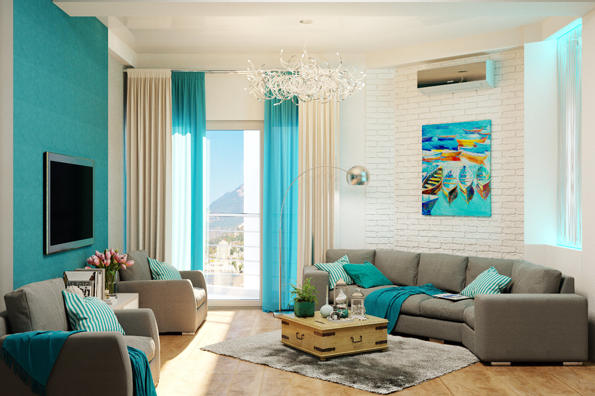 turquoise curtains in the living room