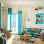 beige and turquoise curtains