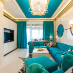 turquoise curtains in the long living room