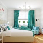 turquoise curtains in a small bedroom