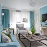 turquoise curtains in the interior of the living room