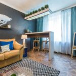 turquoise curtains in the spacious living room