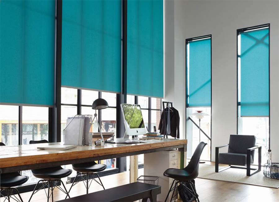 turquoise curtains in the office