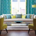 turquoise curtains in a bright living room