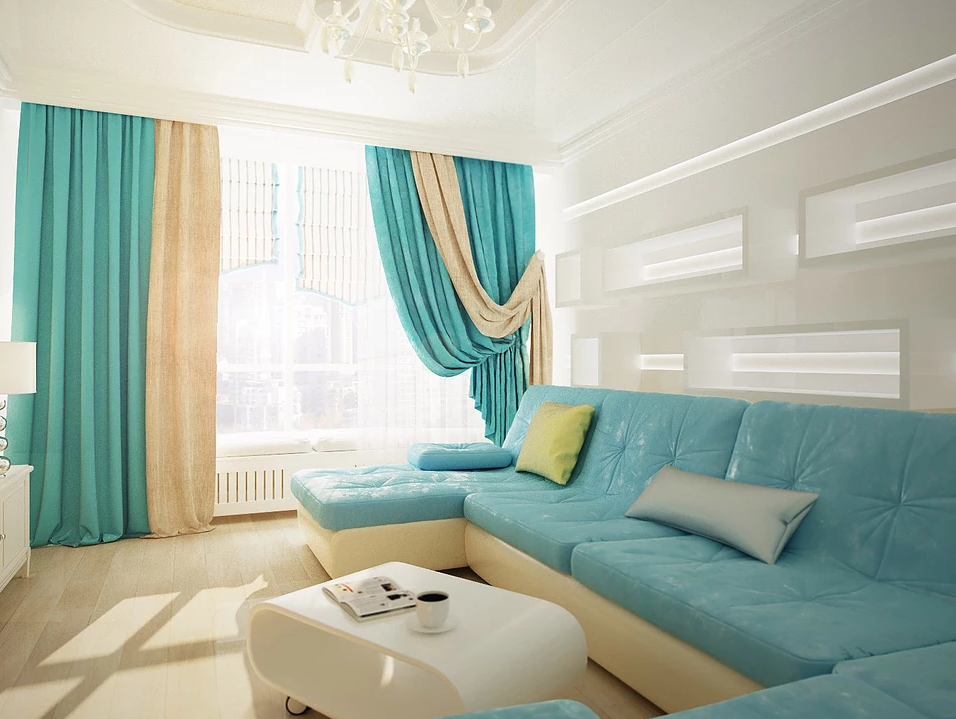 turquoise beige curtains in the room