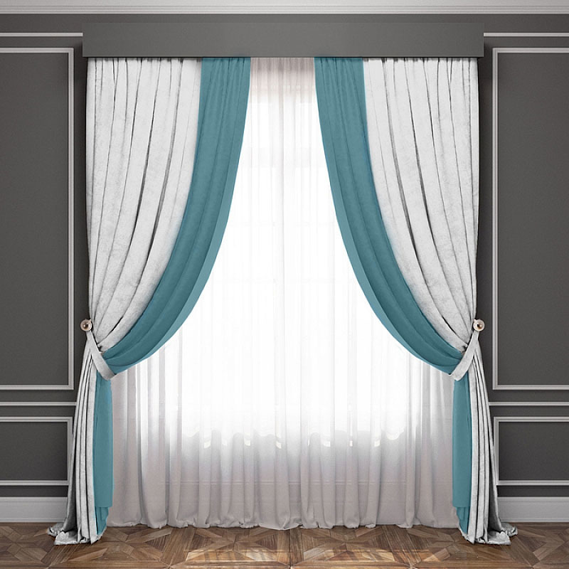 turquoise white curtains in the room