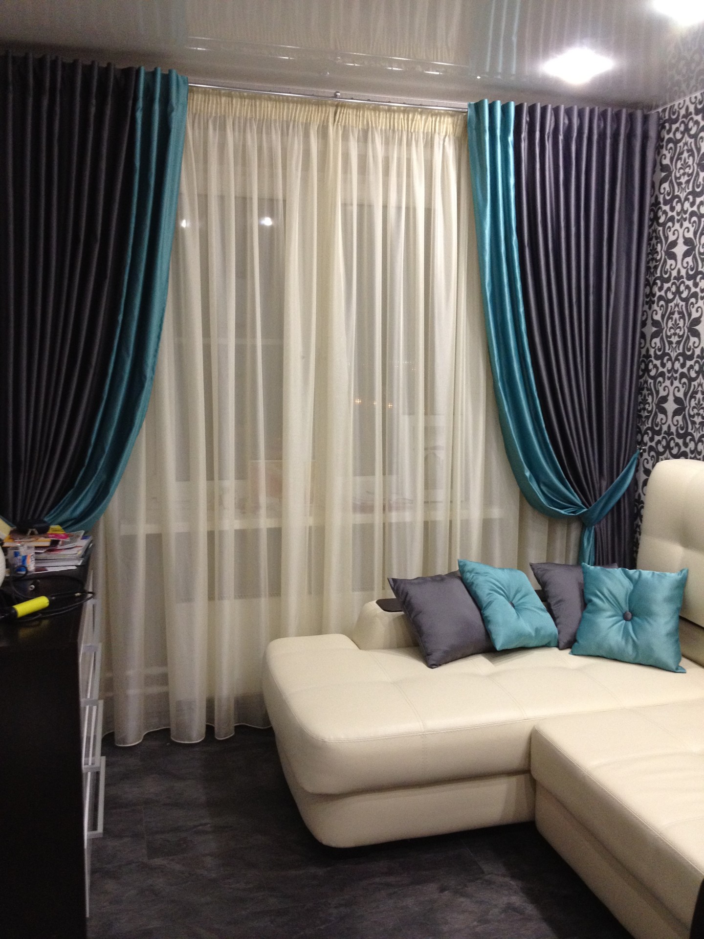 turquoise brown curtains in the room