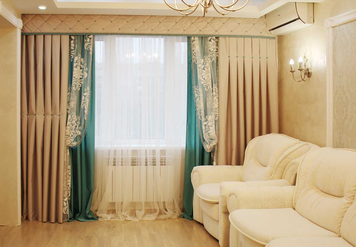 turquoise gold curtains in the room