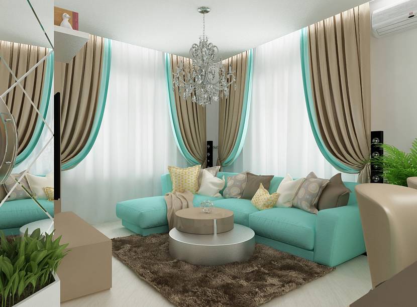 turquoise gold curtains in the room