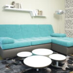 turquoise sofa with gray