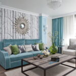 turquoise sofa with wooden table