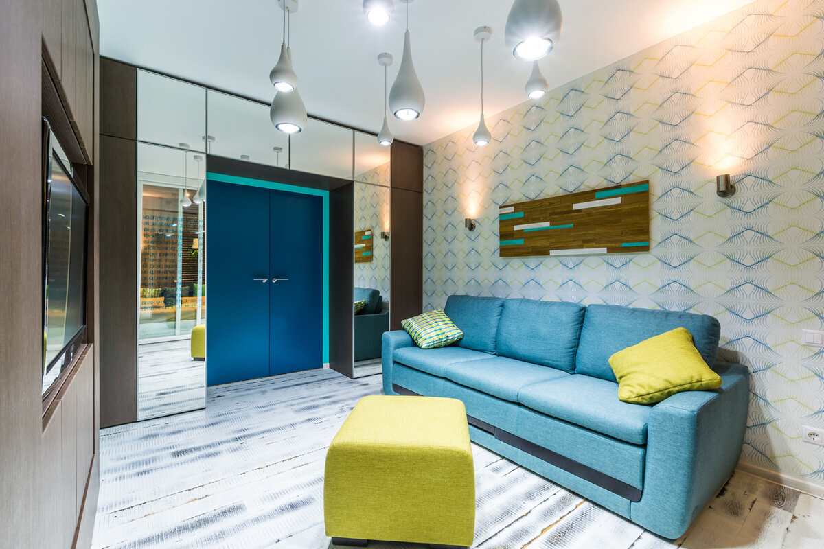 turquoise sofa in the hallway