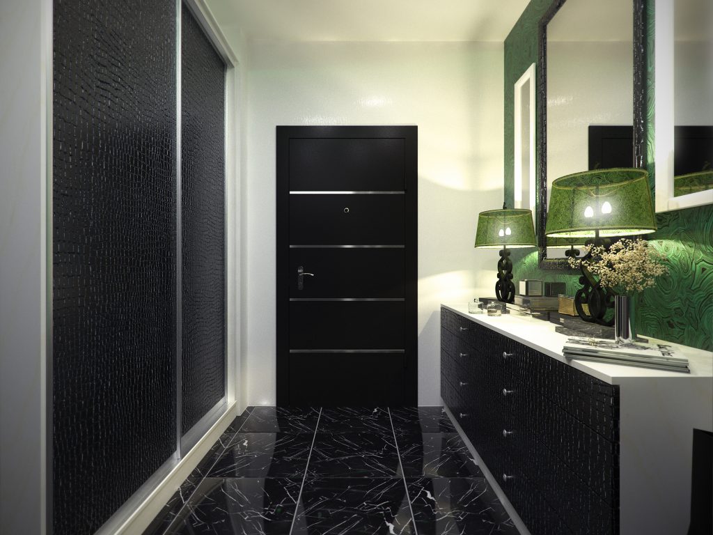 black furniture in the hallway