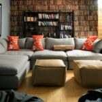 sofa in the living room with burgundy pillows