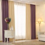 beige and purple two-tone curtains