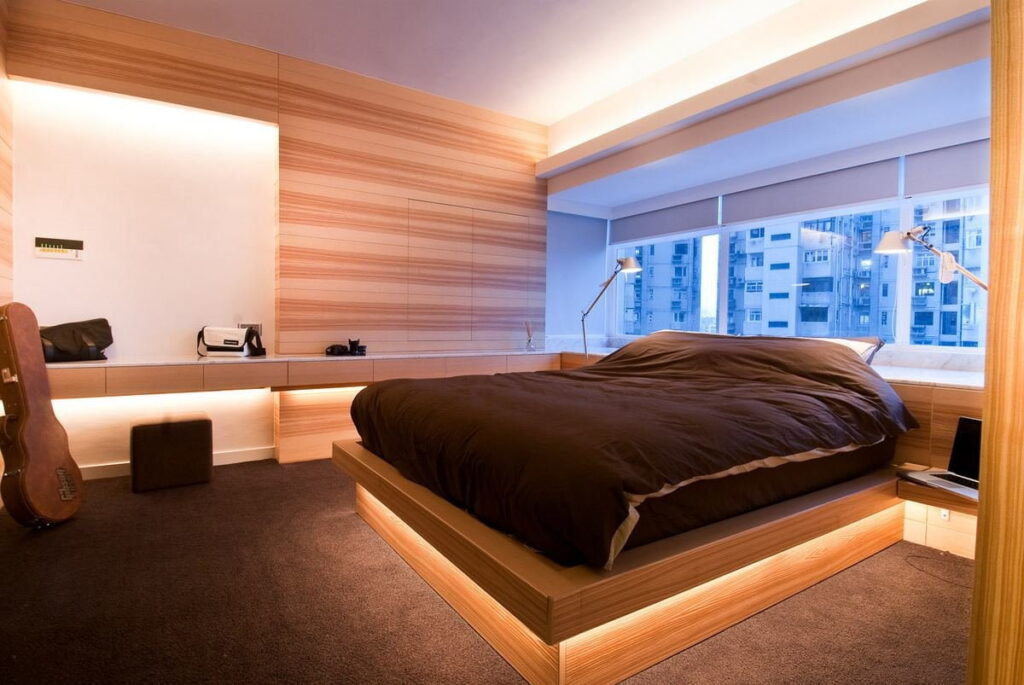 podium bed with lighting