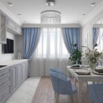 blue curtains with white kitchen