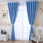 hall with blue curtains