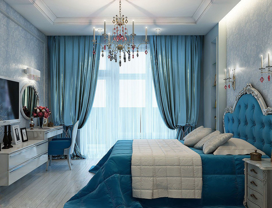 blue curtains in the bedroom