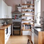 small kitchen with shelves