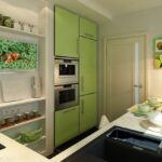 small kitchen with green cabinets