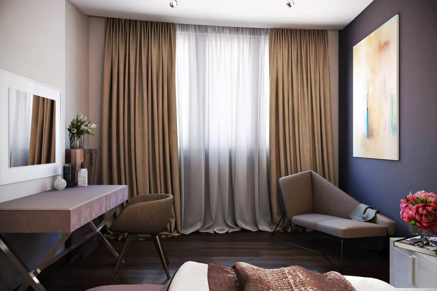 beige curtains in the bedroom