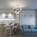 kitchen 15 square meters with a sofa interior photo