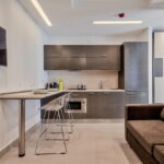 kitchen 15 square meters with a sofa interior photo