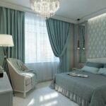 mint curtains in gray bedroom