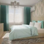 mint curtains in the large bedroom