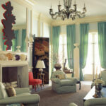 mint curtains with chandelier