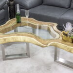 figured wooden table with glass