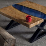 table with blue wood insert