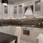 neoclassical kitchen set with brick backsplash