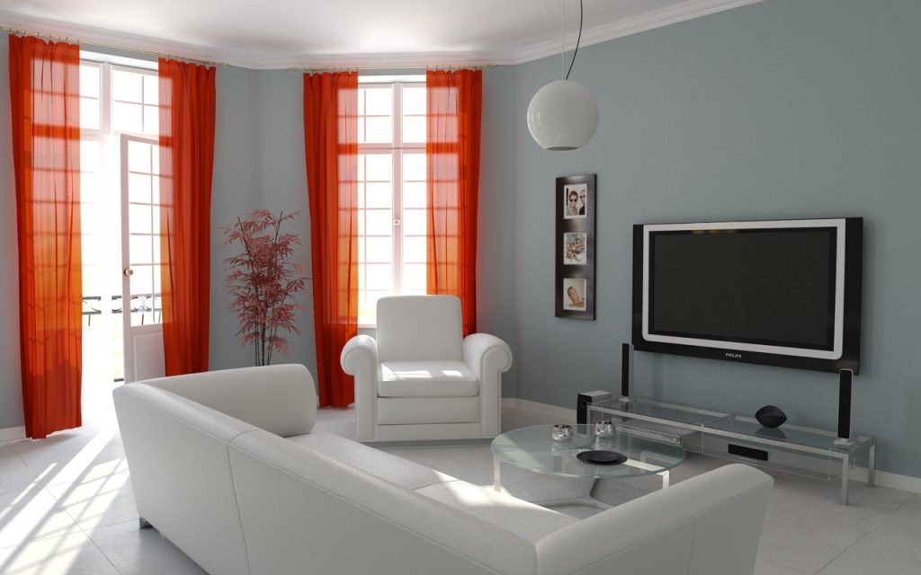 orange curtains in the living room