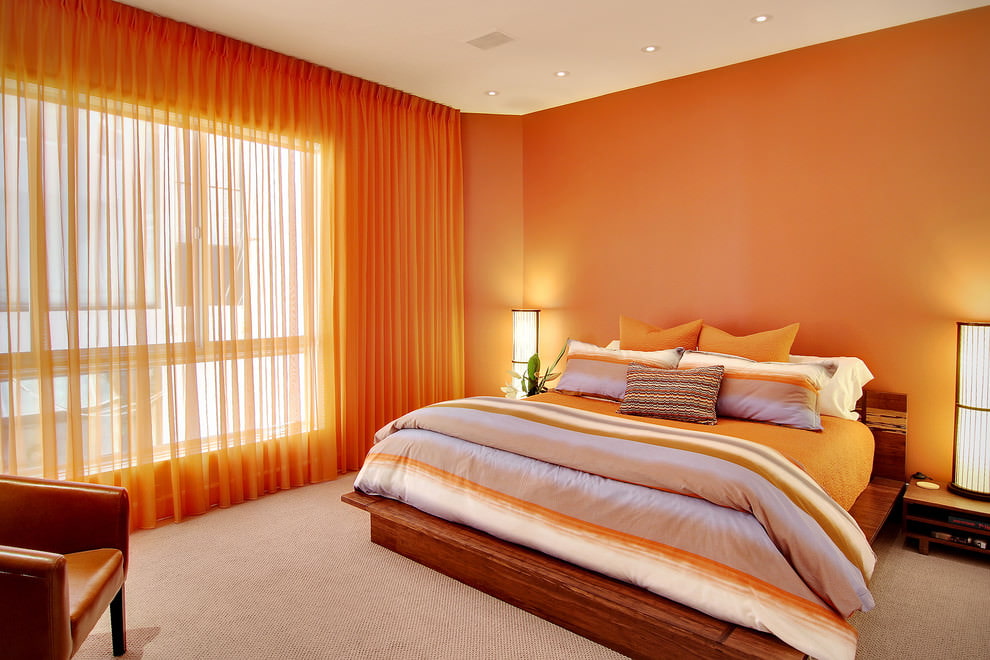 orange curtains in the bedroom