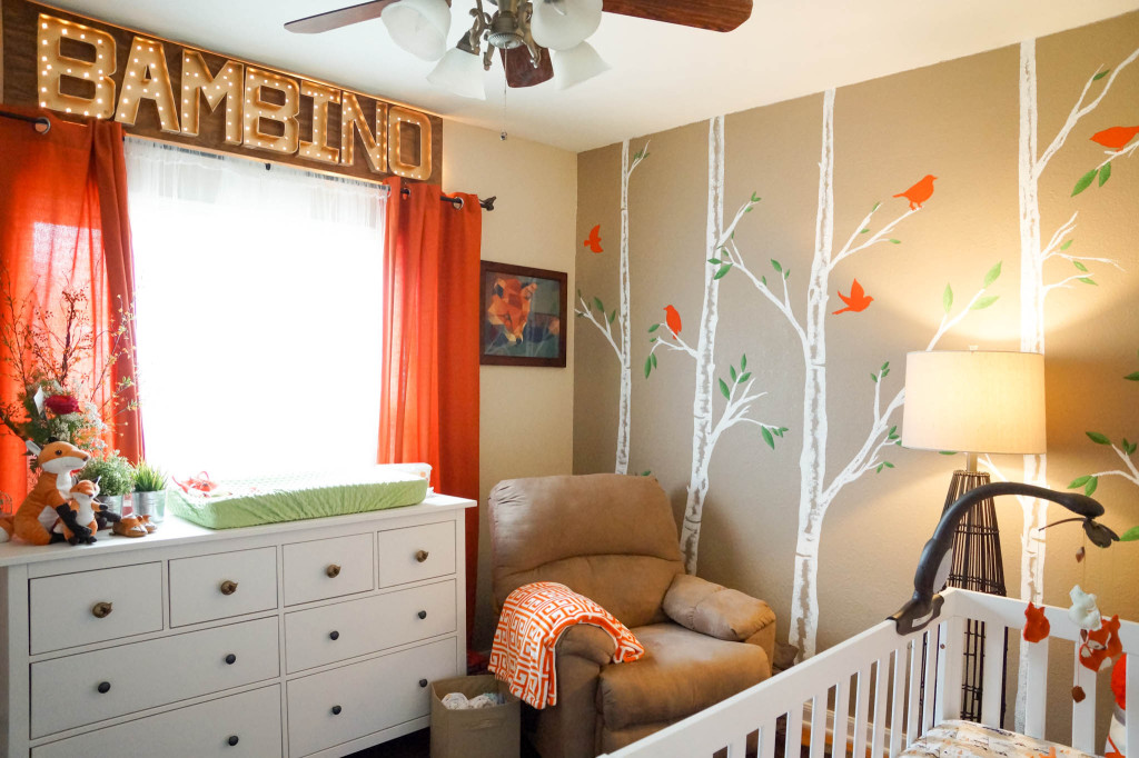 orange curtains in the nursery