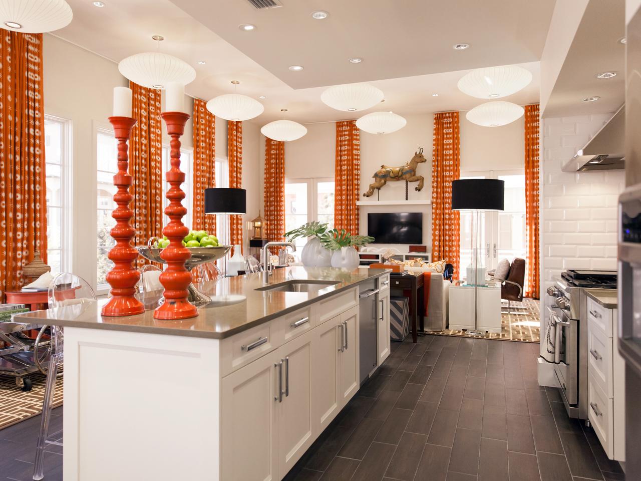 orange curtains in the kitchen